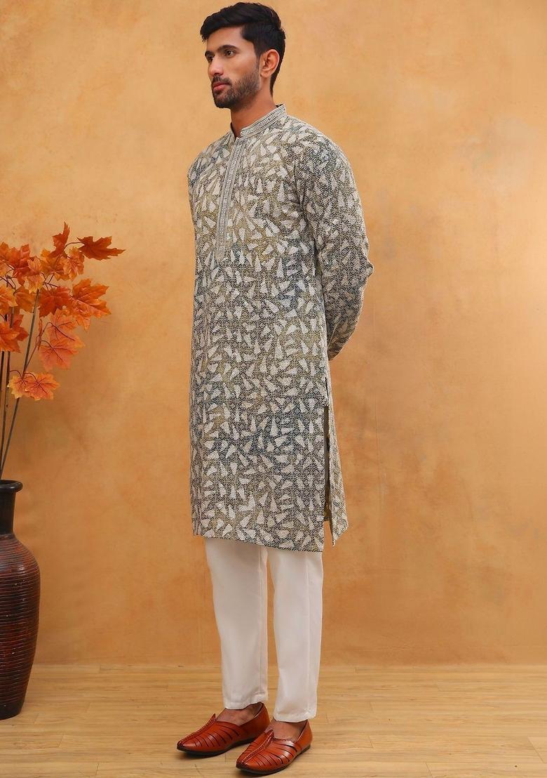 White Embroidered Viscose Kurta Set For Men - Indya
