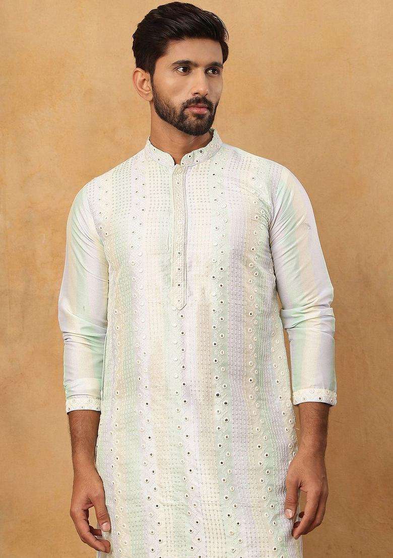 Multi Printed Silk Blend Kurta Set For Men - Indya