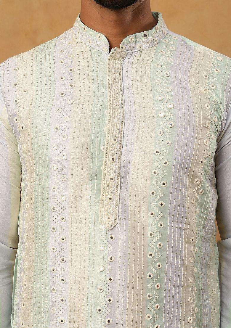 Multi Printed Silk Kurta Set For Men - Indya
