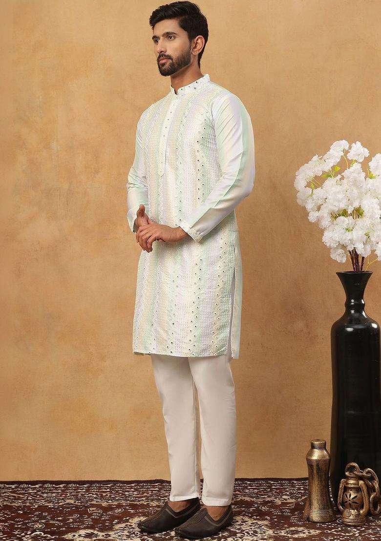 Multi Printed Silk Kurta Set For Men - Indya