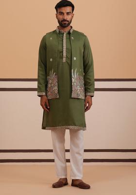 Olive Embroidered Silk Kurta Set For Men