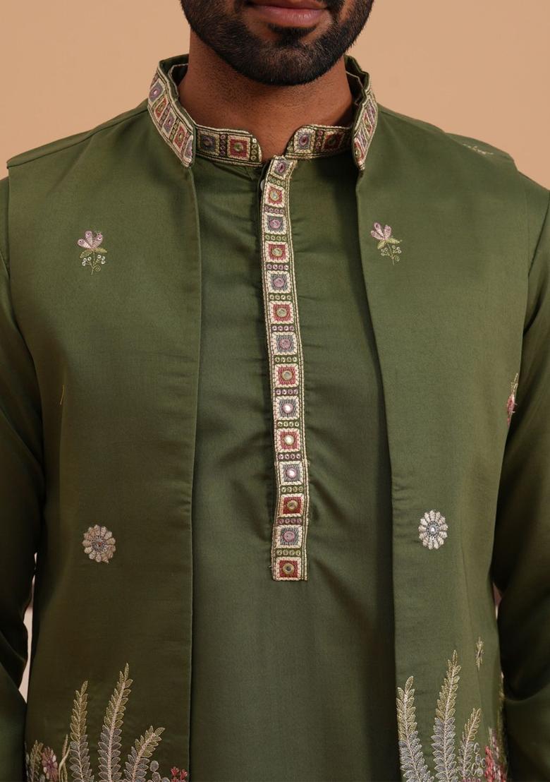 Olive Embroidered Silk Kurta Set For Men - Indya