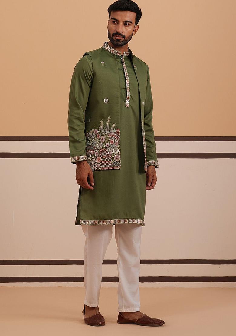 Olive Embroidered Silk Kurta Set For Men - Indya