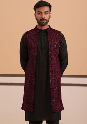 Black Solid Velvet Kurta Set For Men
