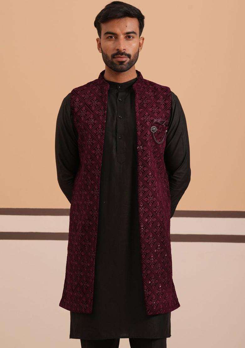 Black Solid Velvet Kurta Set For Men - Indya