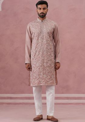 Peach Embroidered Silk Kurta Set For Men