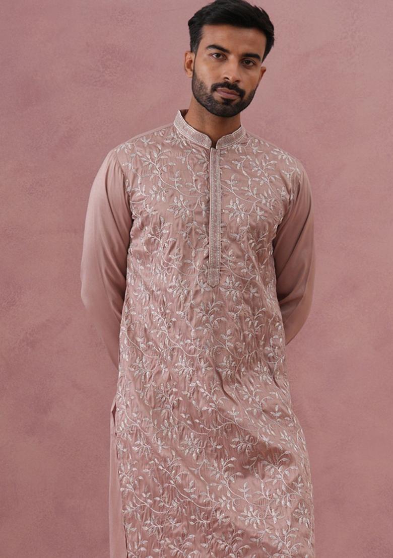 Peach Embroidered Silk Kurta Set For Men - Indya