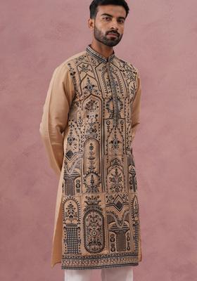 Beige Embroidered Silk Kurta Set For Men