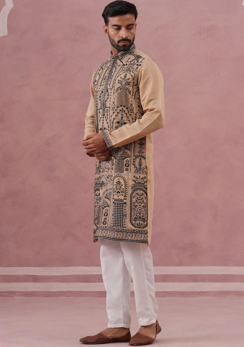 Beige Embroidered Silk Kurta Set For Men - Indya