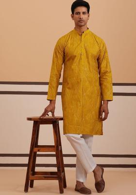 Yellow Embroidered Silk Kurta Set For Men