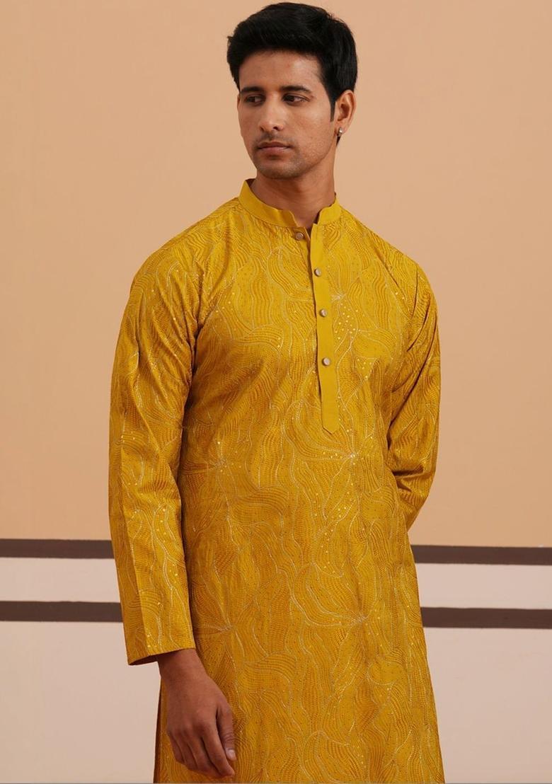 Yellow Embroidered Silk Kurta Set For Men - Indya