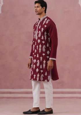 Maroon Embroidered Silk Kurta Set For Men