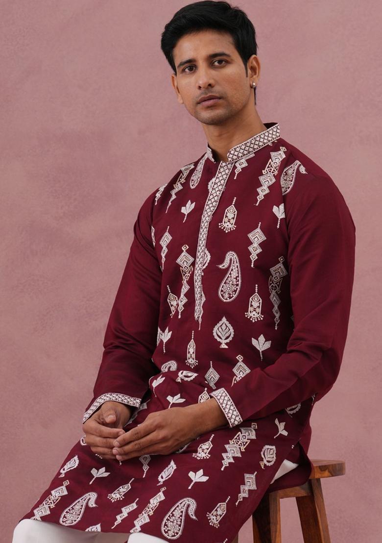 Maroon Embroidered Silk Kurta Set For Men - Indya