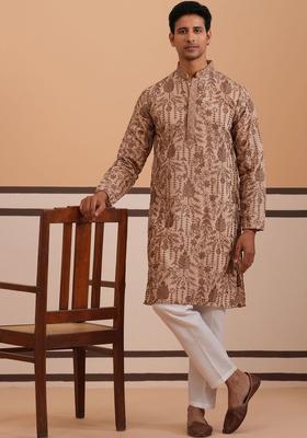 Beige Embroidered Cotton Kurta Set For Men