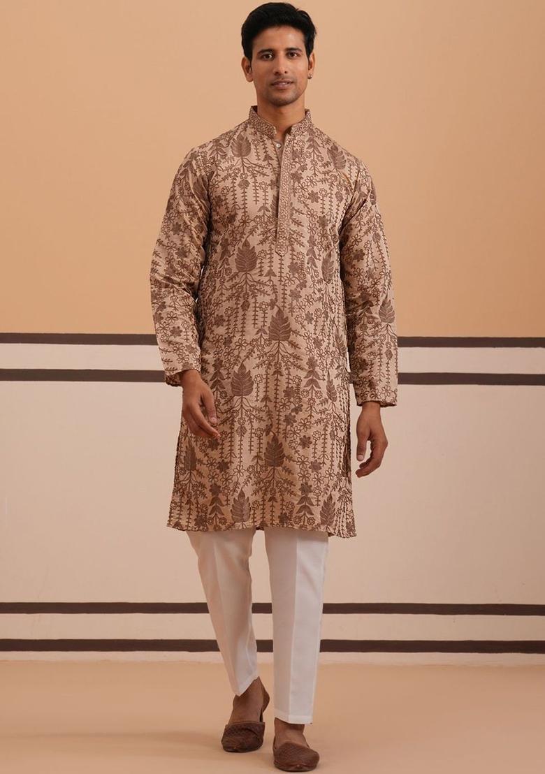 Beige Embroidered Cotton Kurta Set For Men - Indya