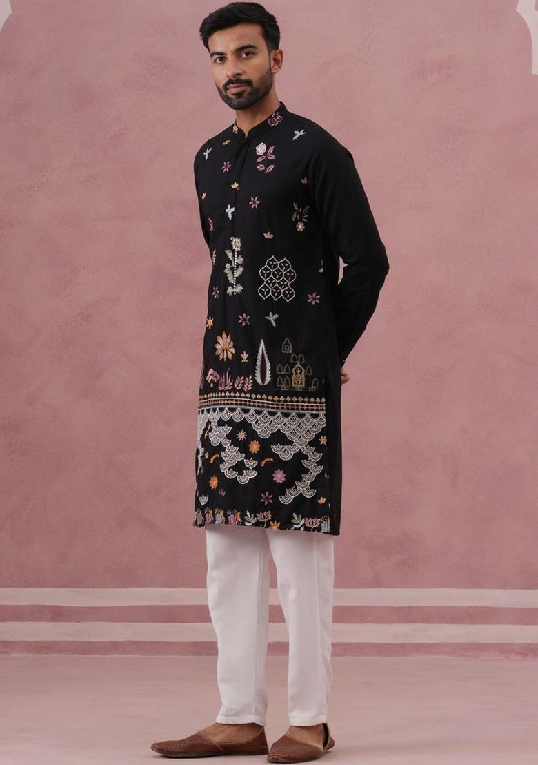Black Embroidered Silk Kurta Set For Men - Indya