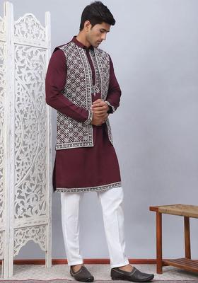 Maroon Embroidered Silk Kurta Set For Men