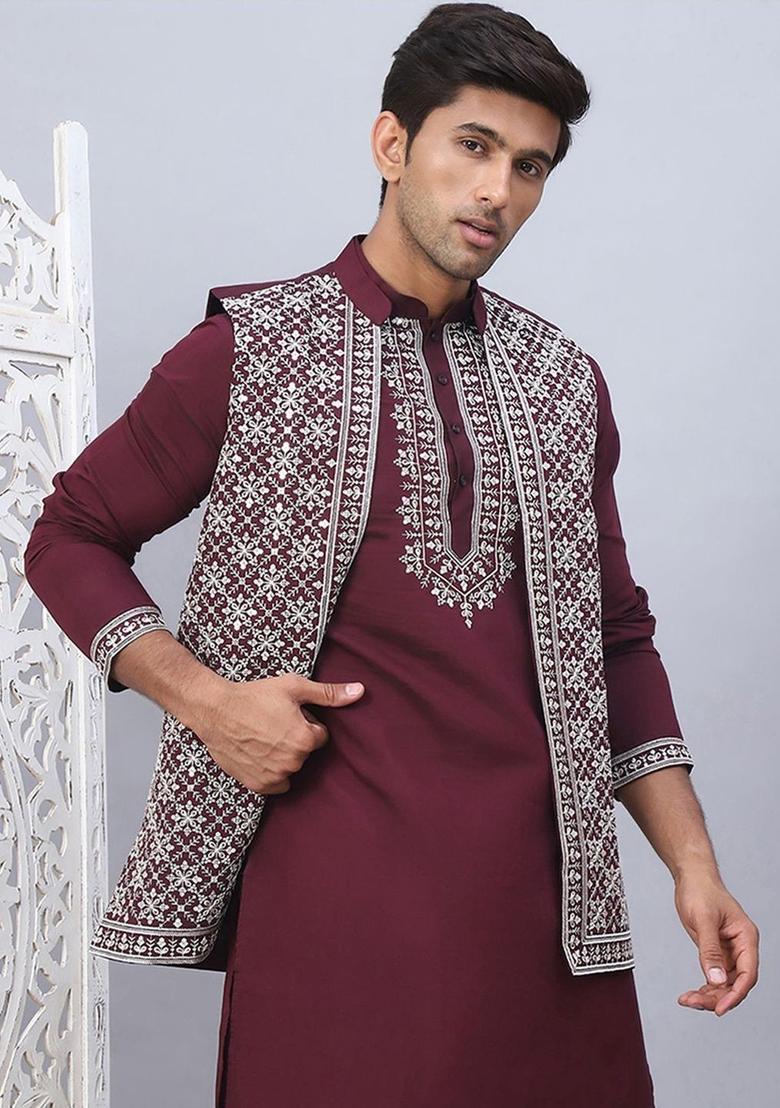 Maroon Embroidered Silk Kurta Set For Men - Indya