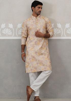 Peach Embroidered Silk Kurta Set For Men