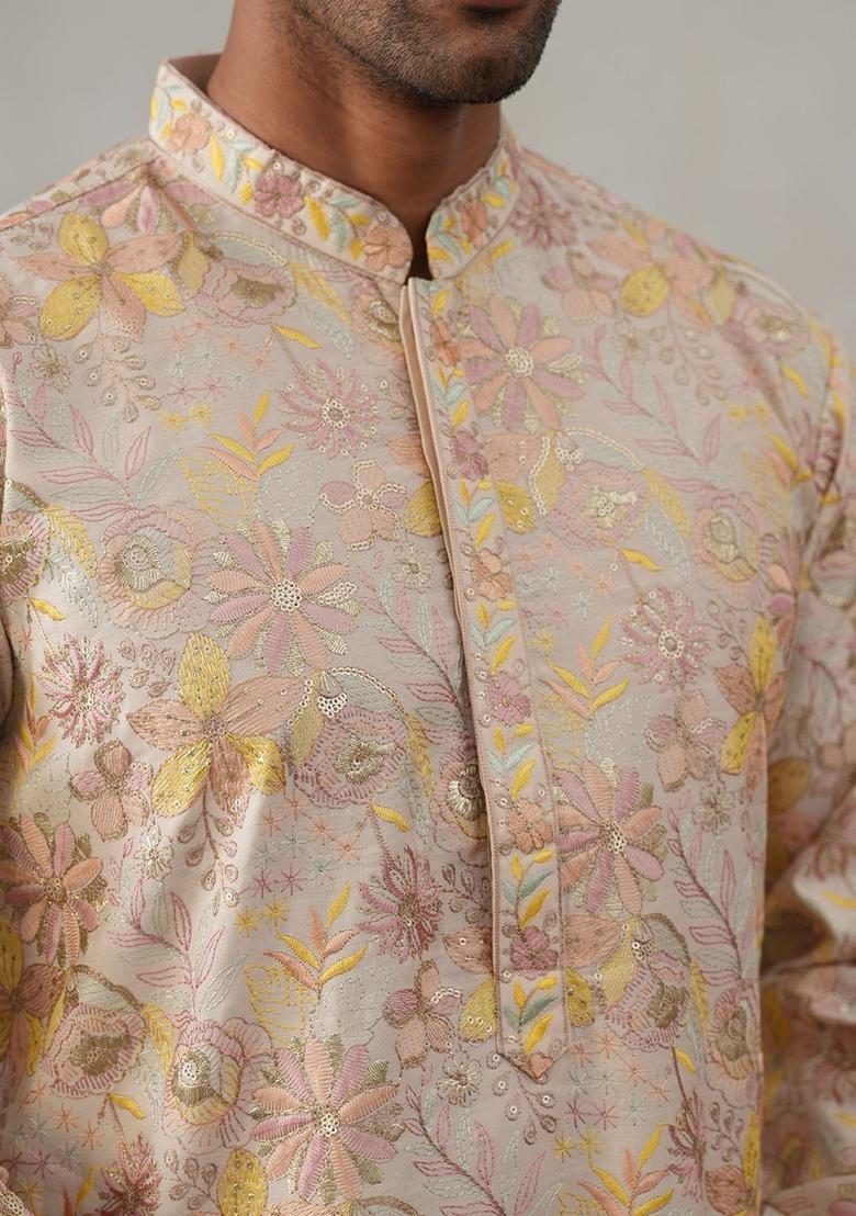 Peach Embroidered Silk Kurta Set For Men - Indya