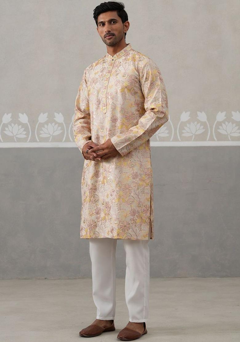 Peach Embroidered Silk Kurta Set For Men - Indya