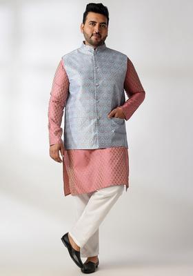 Pink Woven Design Silk Kurta Set For Men