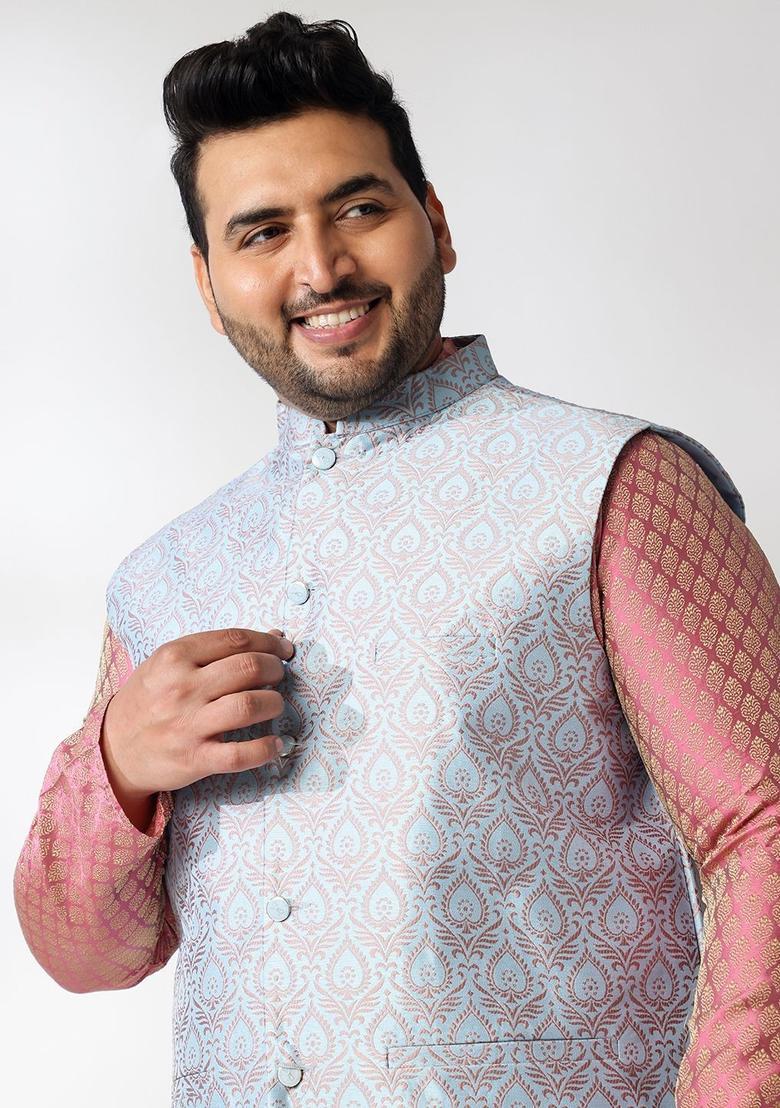 Pink Woven Design Silk Kurta Set For Men - Indya