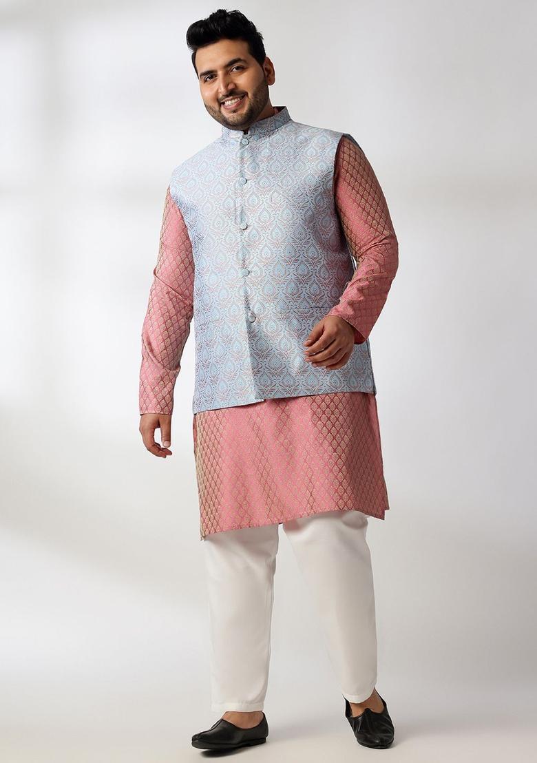 Pink Woven Design Silk Kurta Set For Men - Indya