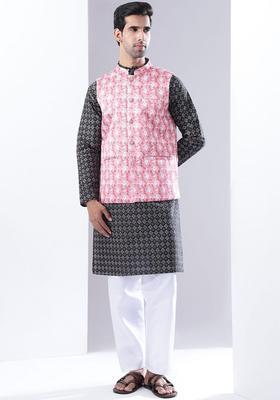 Black Printed Silk Kurta Set For Men