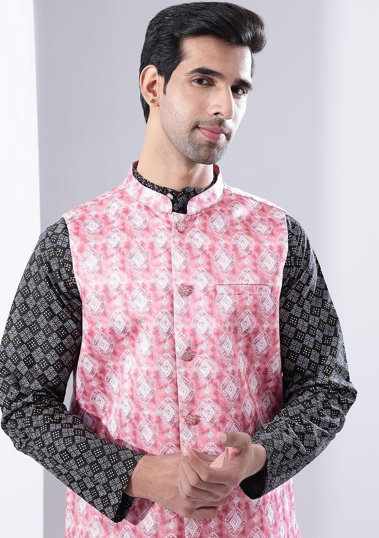 Black Printed Silk Kurta Set For Men - Indya