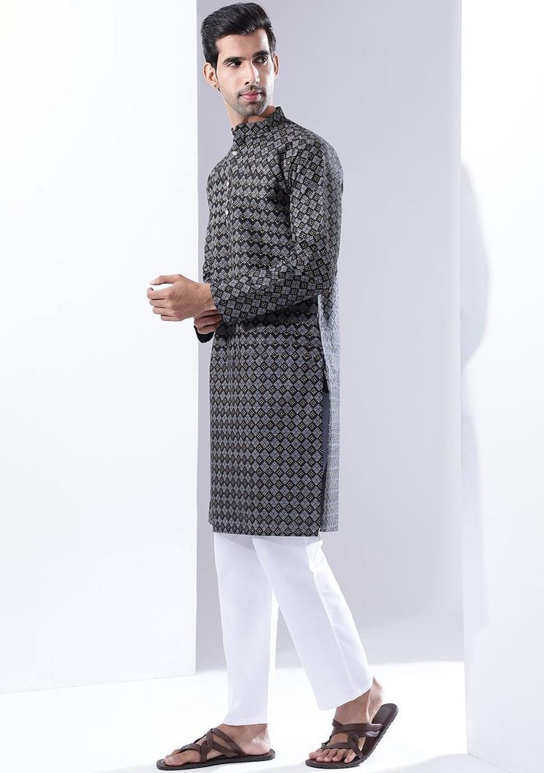 Black Printed Silk Kurta Set For Men - Indya
