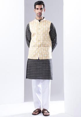 Black Printed Silk Kurta Set For Men