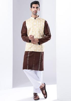 Brown Embroidered Cotton Kurta Set For Men