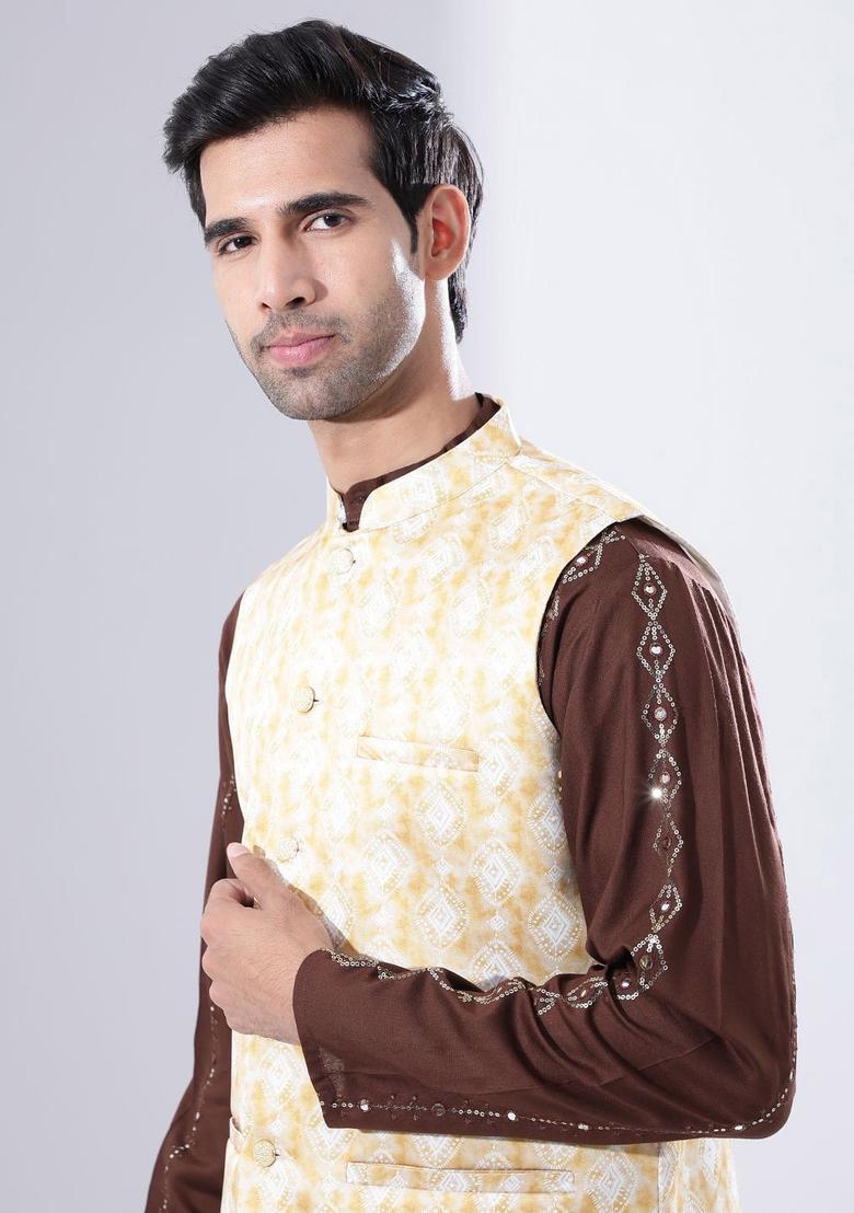 Brown Embroidered Cotton Kurta Set For Men - Indya