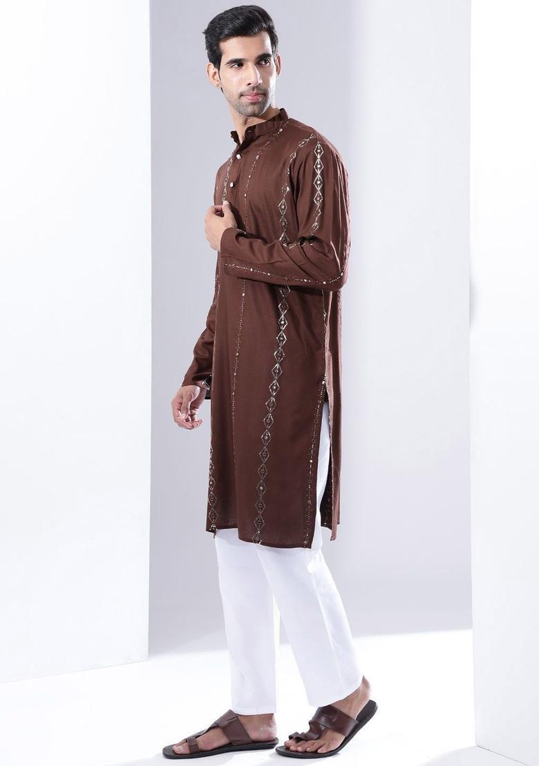 Brown Embroidered Cotton Kurta Set For Men - Indya