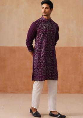 Purple Printed Silk Kurta Set For Men