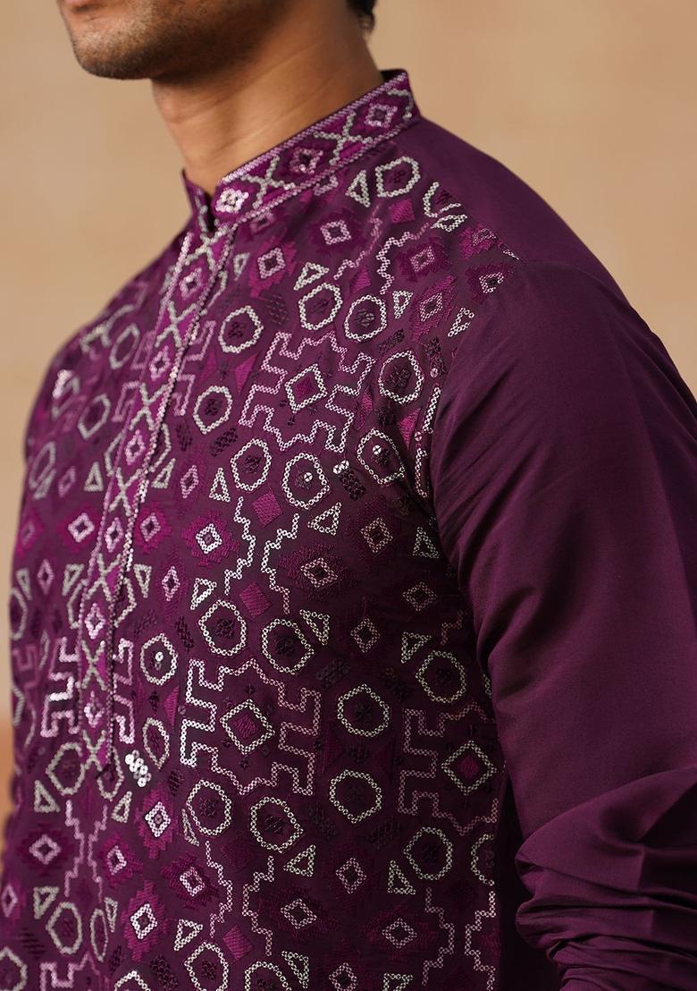 Purple Printed Silk Kurta Set For Men - Indya