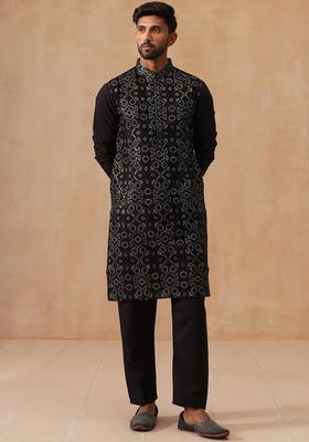 Black Printed Silk Kurta Set For Men
