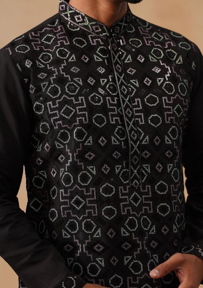 Black Printed Silk Kurta Set For Men - Indya