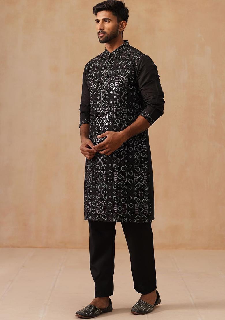 Black Printed Silk Kurta Set For Men - Indya