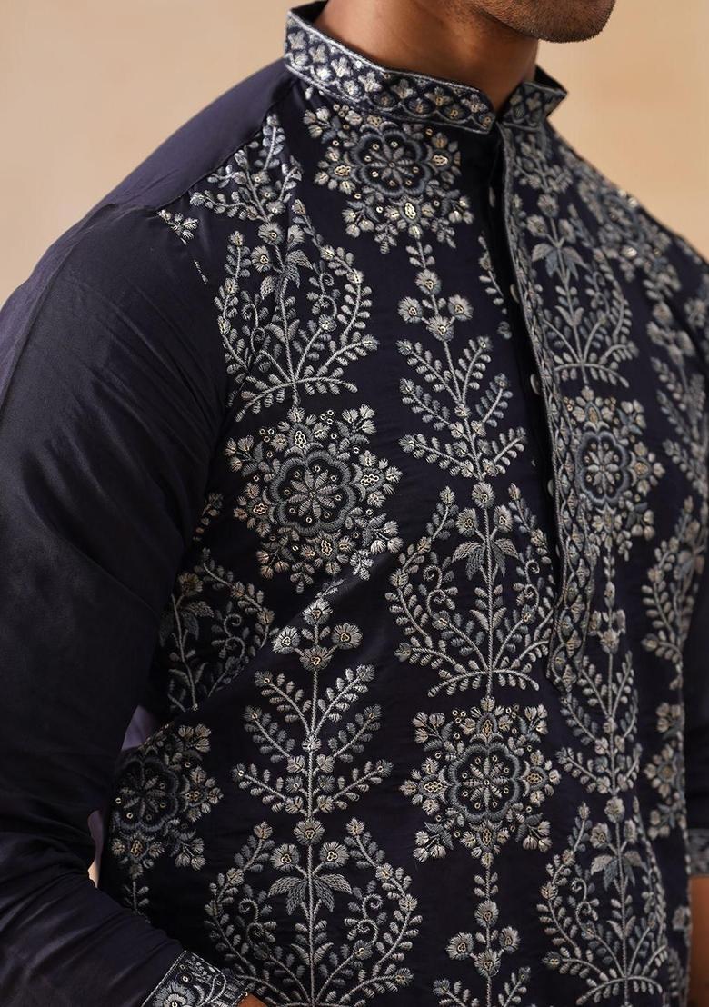 Blue Embroidered Silk Kurta Set For Men - Indya