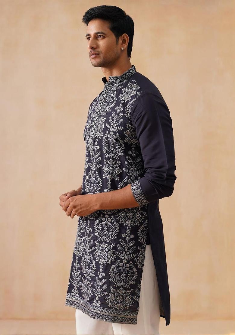 Blue Embroidered Silk Kurta Set For Men - Indya