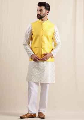 Beige Embroidered Silk Kurta Set For Men