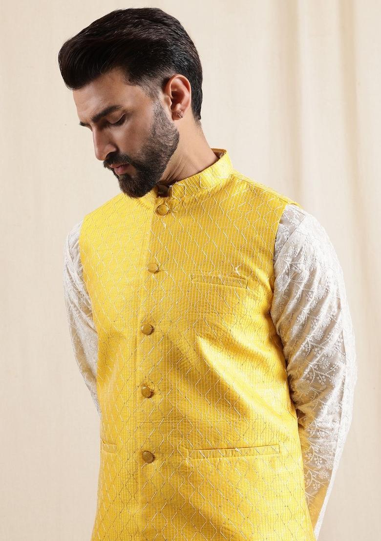 Beige Embroidered Silk Kurta Set For Men - Indya