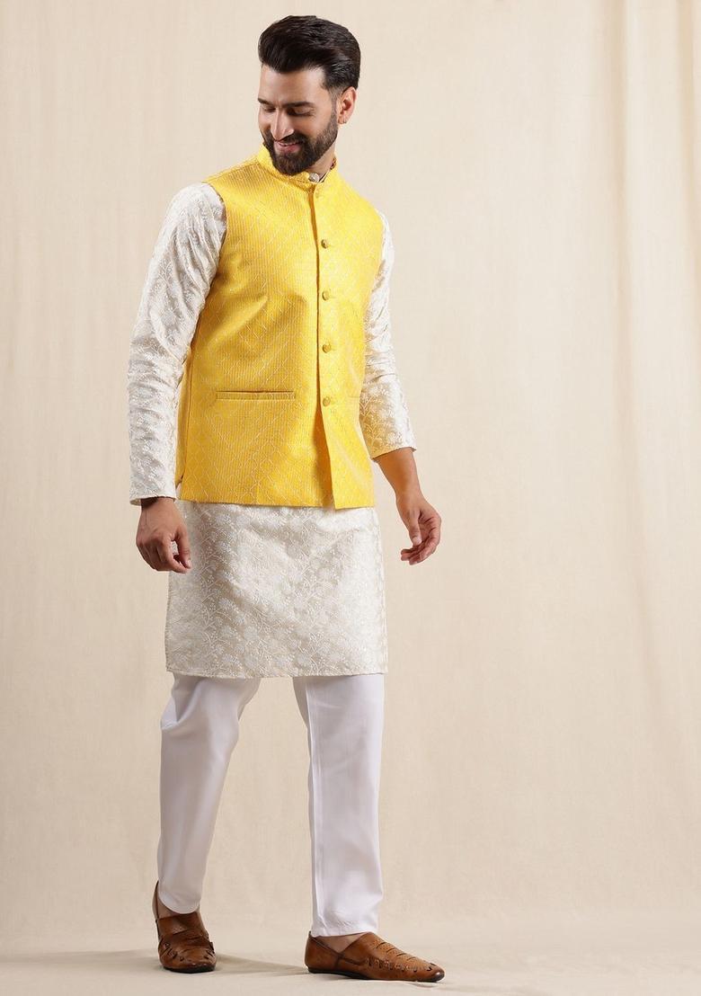 Beige Embroidered Silk Kurta Set For Men - Indya