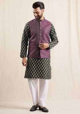 Black Printed Silk Kurta Set For Men