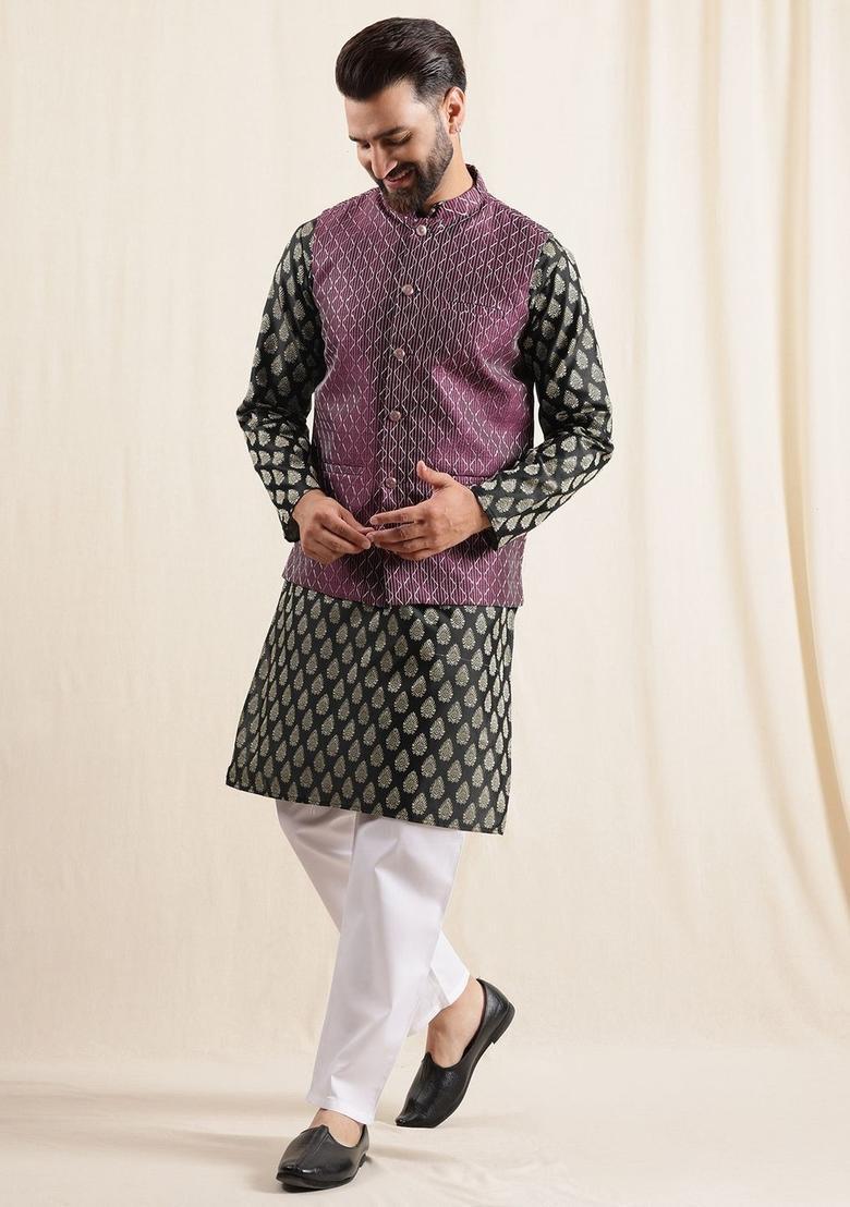 Black Printed Silk Kurta Set For Men - Indya