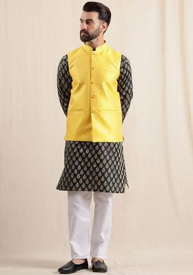 Black Printed Silk Kurta Set For Men