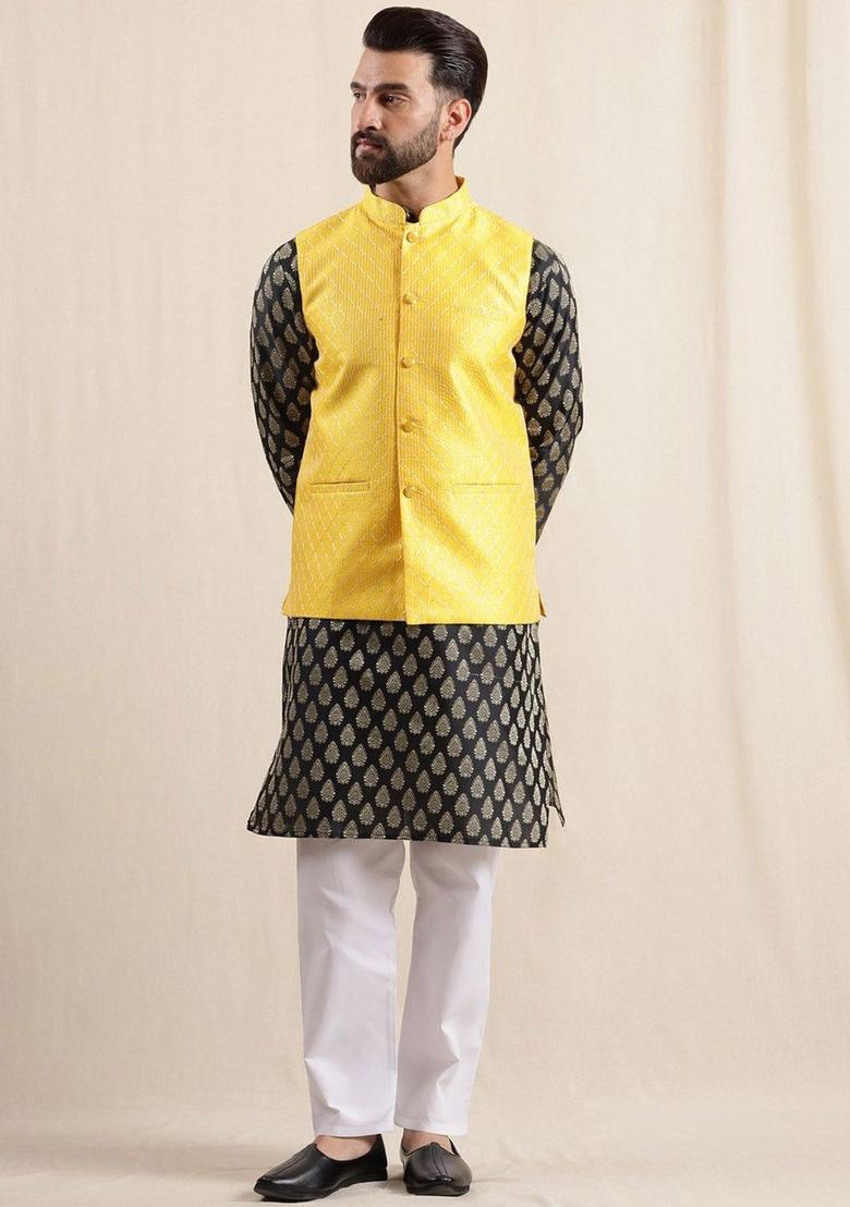 Black Printed Silk Kurta Set For Men - Indya