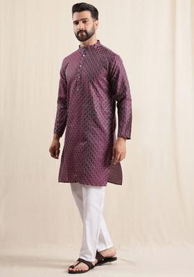 Purple Embroidered Silk Kurta Set For Men